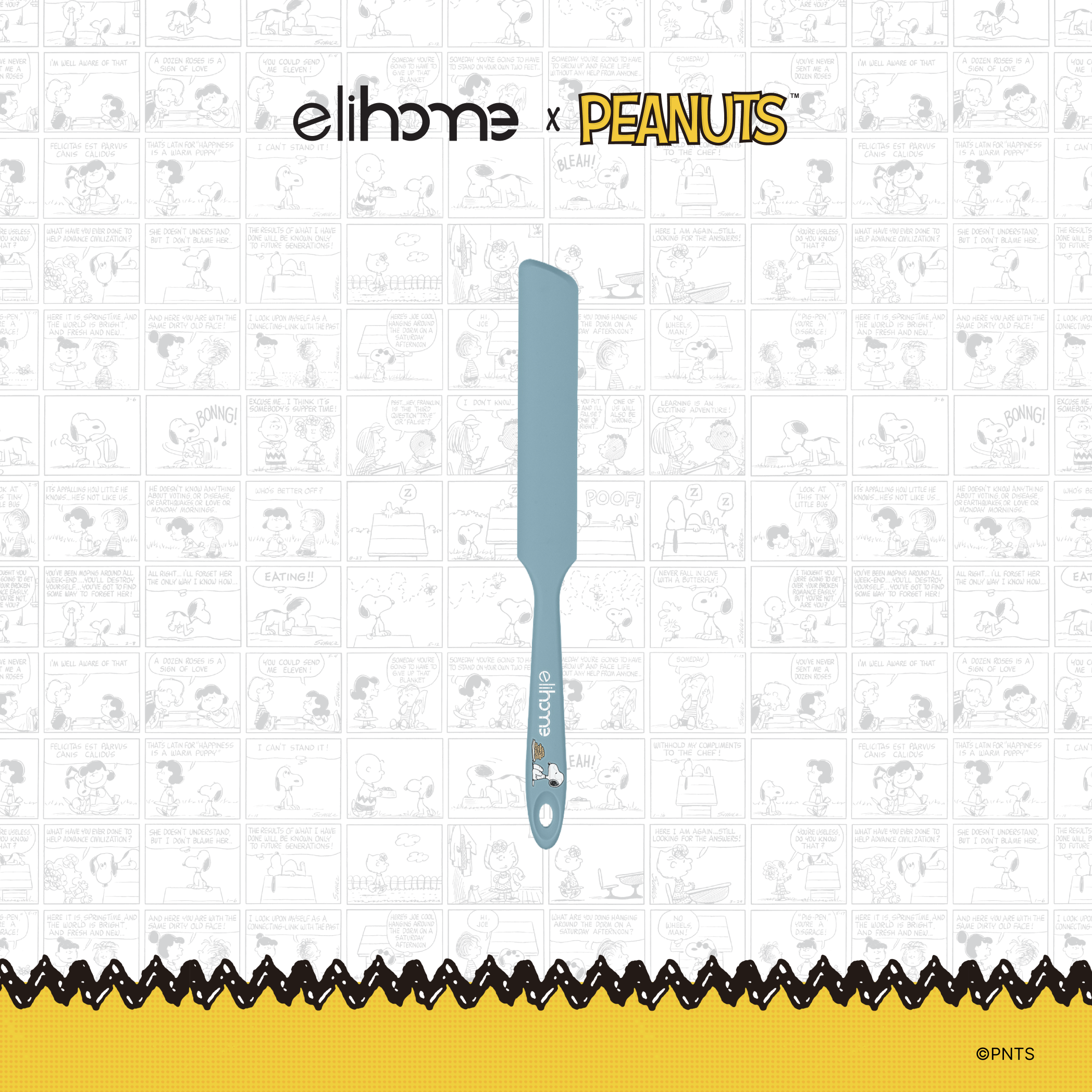Elihome x Peanuts Silicone Spreader, 10 inches by 1.1 inches in Teal Grey with official Snoopy artwork on the handle