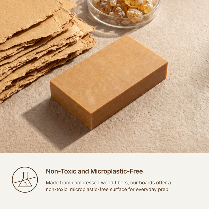 Non-toxic and microplastic-free Elihome cutting board made from compressed wood fibers, shown beside the raw wood fiber material