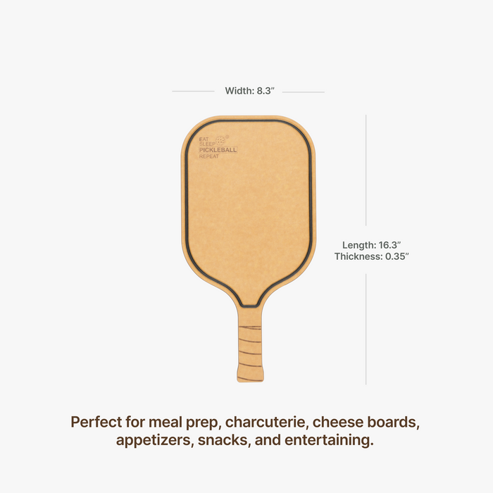 Elihome pickleball paddle cutting board engraved with Eat Sleep Pickleball Repeat, measuring 16.3 by 8.3 by 0.35 inches