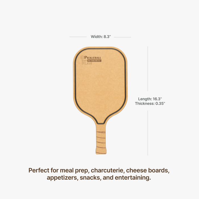 Elihome pickleball paddle cutting board engraved with Pickleball Is My Retirement Plan, measuring 16.3 by 8.3 by 0.35 inches