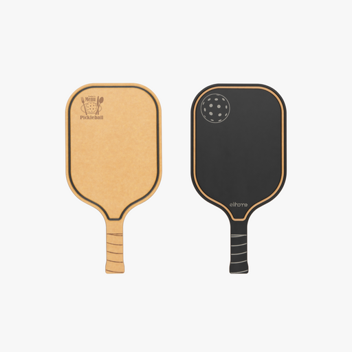 Elihome pickleball paddle cutting board shown from both sides, natural wood fiber engraved with Today's Menu: Pickleball and a reversible black serving side