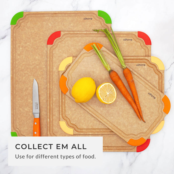 Top-down view of three fiber wood cutting boards in different sizes with color-coded corners (green, red, orange) displaying carrots and lemons, encouraging users to collect them all for different food types.