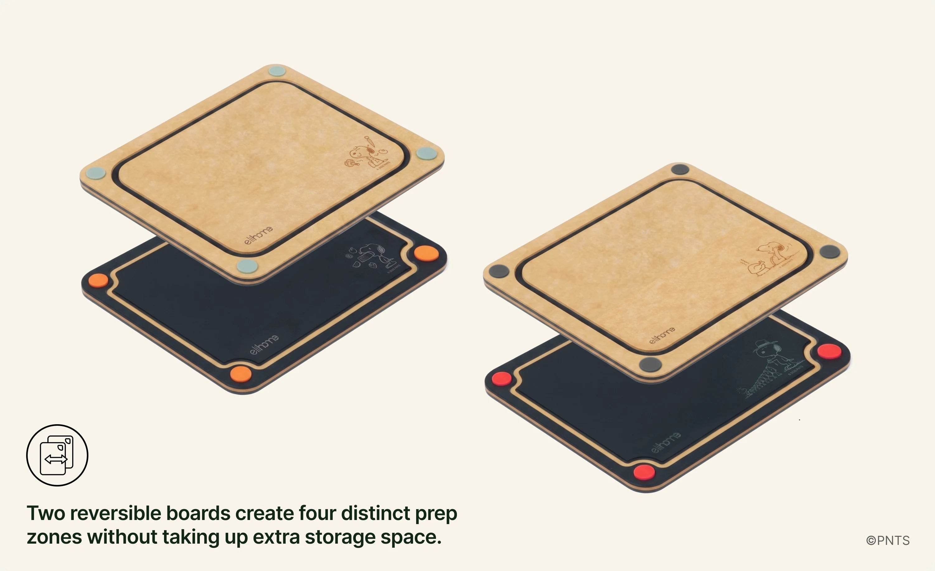 Two reversible boards create four distinct prep zones without taking up extra storage space.
