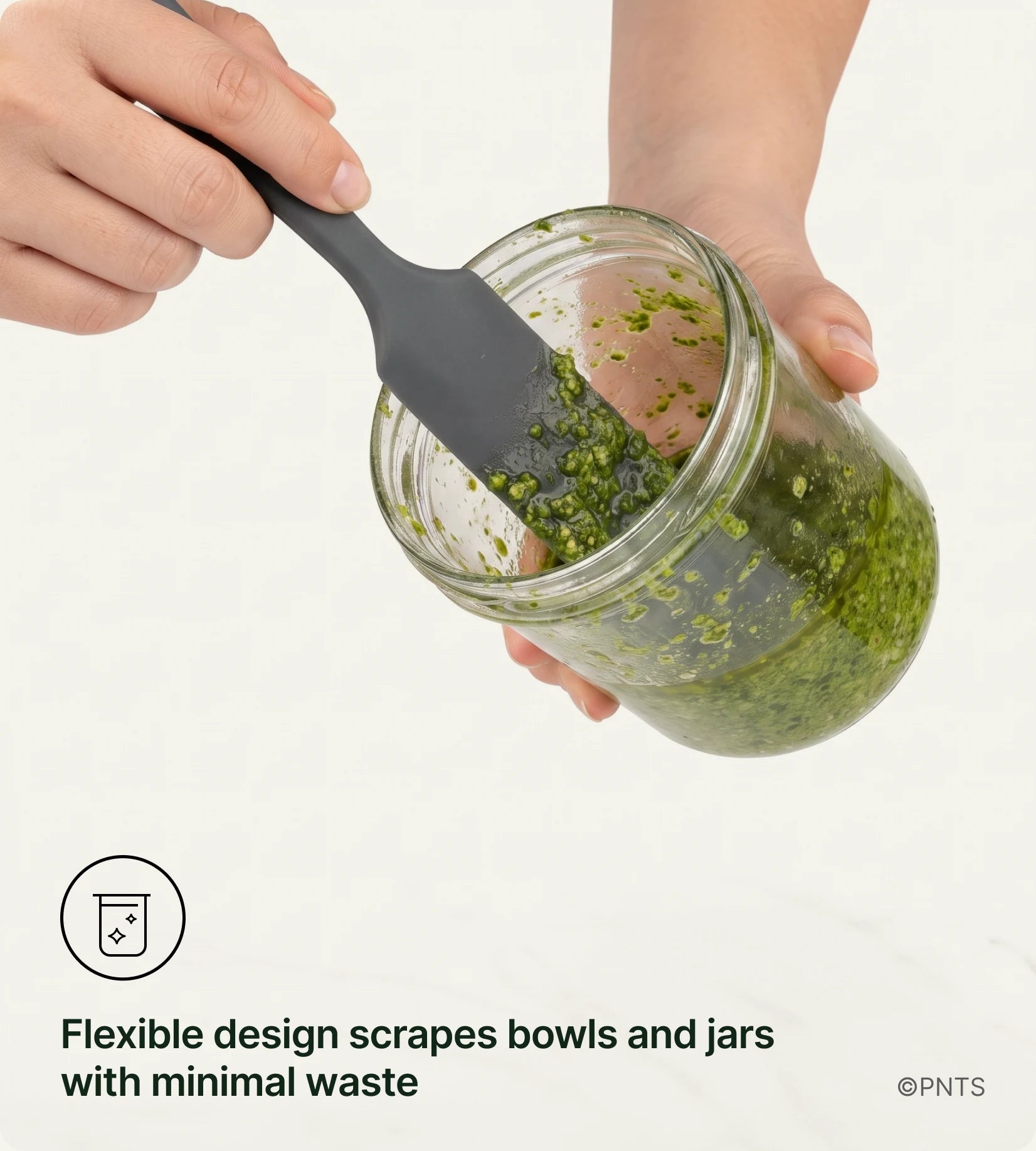 Flexible design scrapes bowls and jars with minimal waste